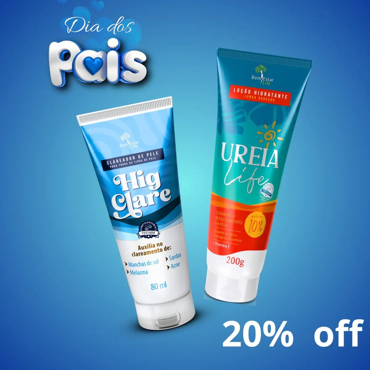 20% DESCONTO HIG CLARE CLAREADOR DE MANCHAS + LOÇÃO HIDRATANTE CORPORAL UREIA LIFE 200 GR.