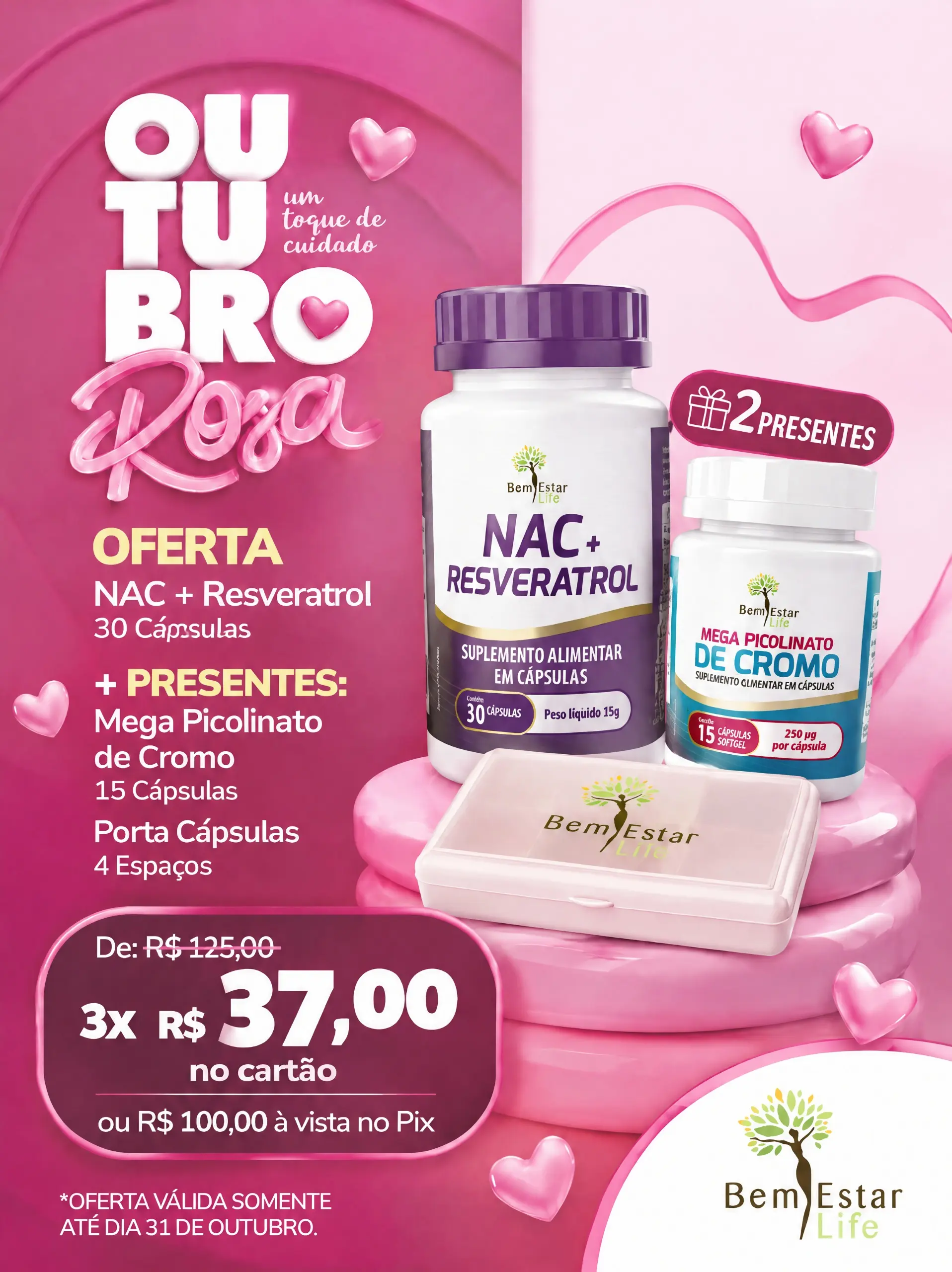 OUTUBRO ROSA- NAC+RESVERATROL+BRINDE CROMO 15 CAPS