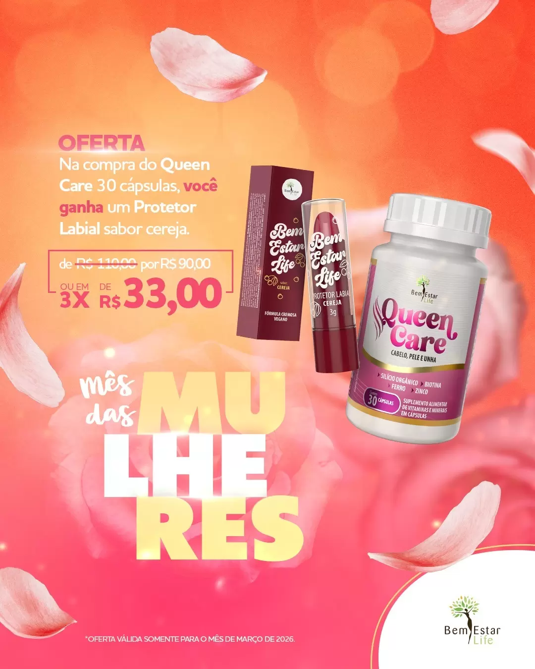 MES DA MULHER - NA COMPRA DE QUEEN CARE - BRINDE PROTETOR LABIAL SABOR CEREJA