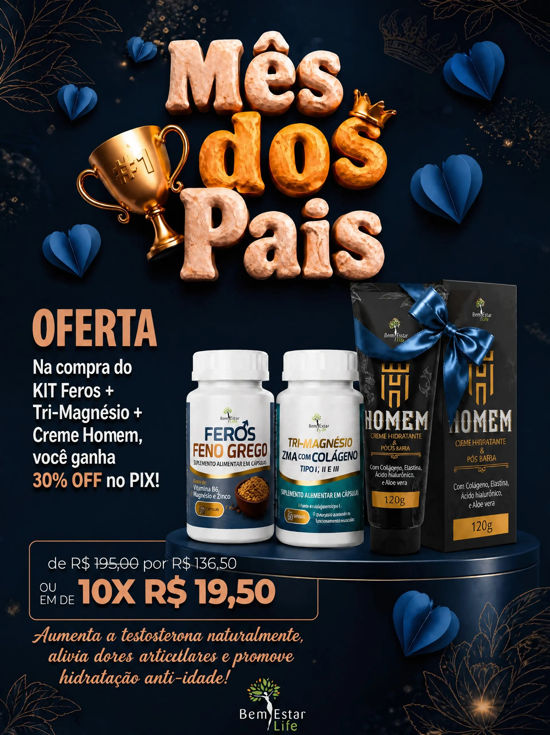 20% DESCONTO FENO GREGO FEROS 60 CAPS. + TRIMAGNESIO COM ZMA 60 CAPS + CREME FACIAL POS BARBA 120 GR.