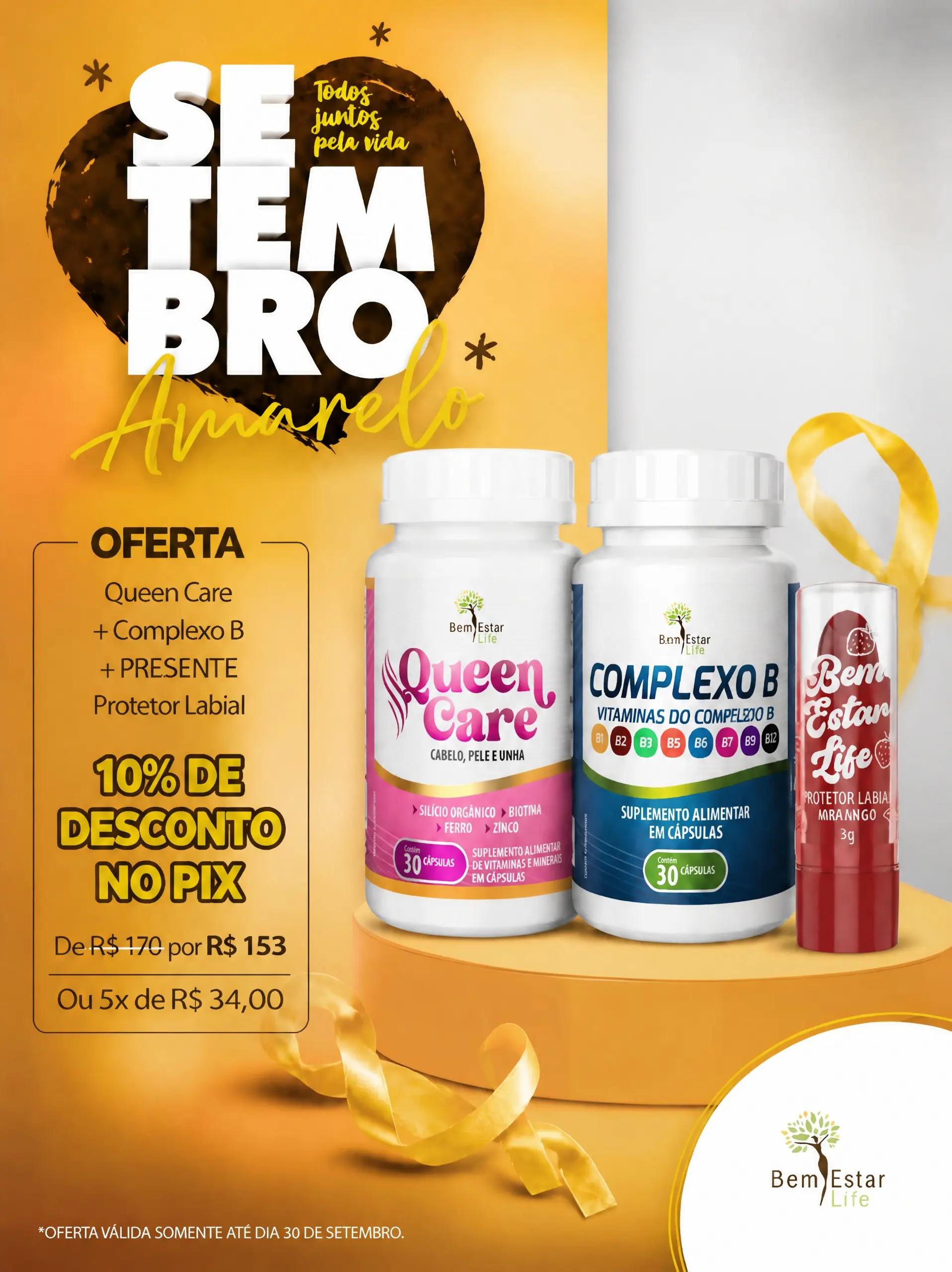 SETEMBRO AMARELO-QUEEN CARE cabelos e unhas +COMPLEXO B 30 CAPS +BRINDE PROTETOR LABIAL- 10%DESCONTO