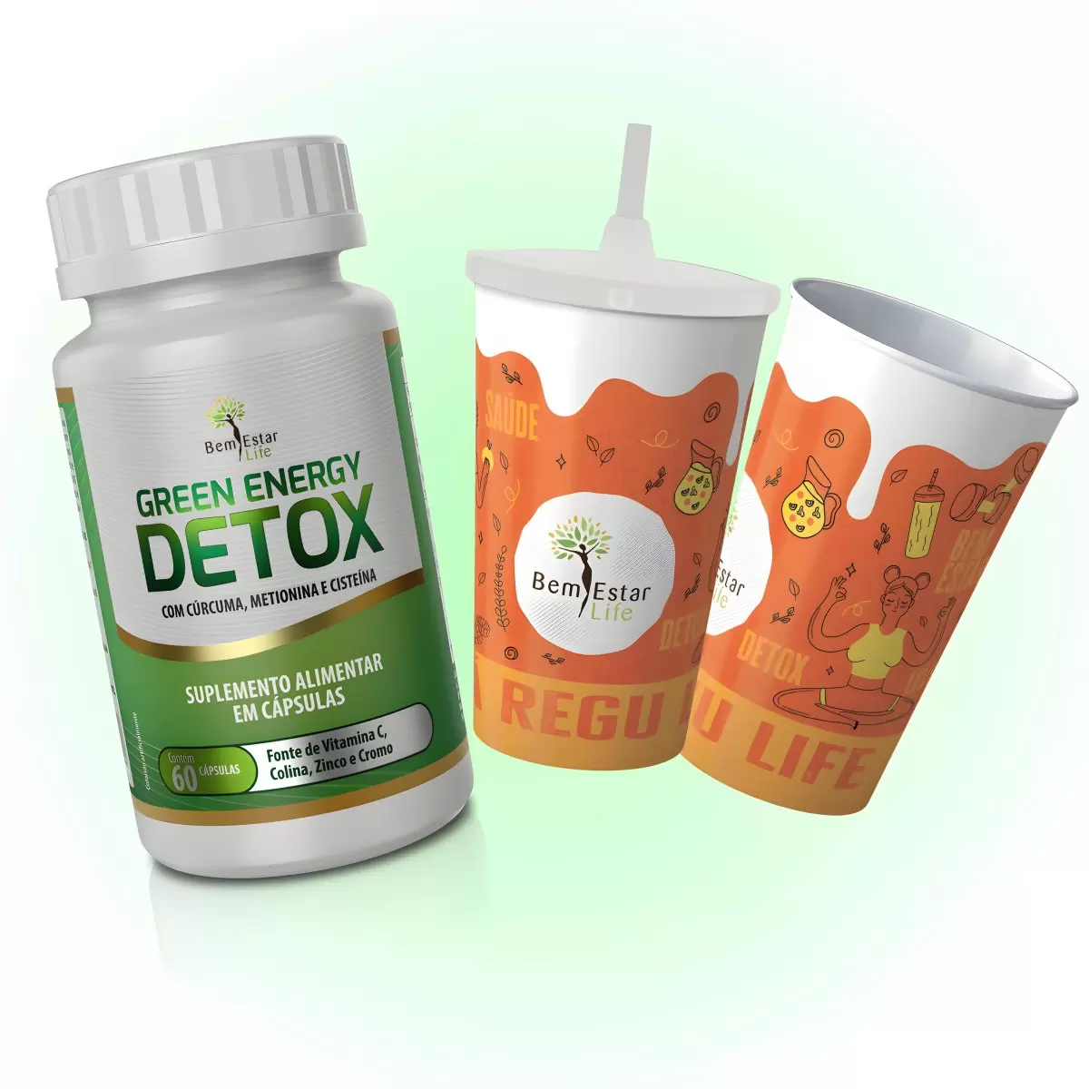 VERÃO OFERTAS GREEN ENERGY DETOX 60 CAPSULAS + COPO ECOLOGICO 550 ML LARANJA COM CANUDO NA COMPRA DO SUPREME GOL, THERMO OU MAXX